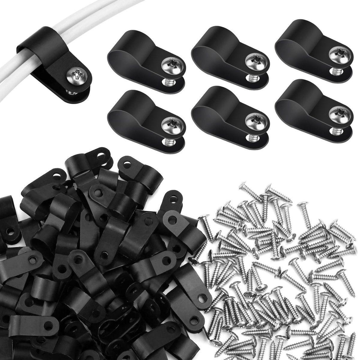 Dailygoods - Kabelclips - Kabelmanagement - Wit/zwart - Nylon R-kabelclips - 100 stuks met schroeven - Geschikt voor led-accessoires