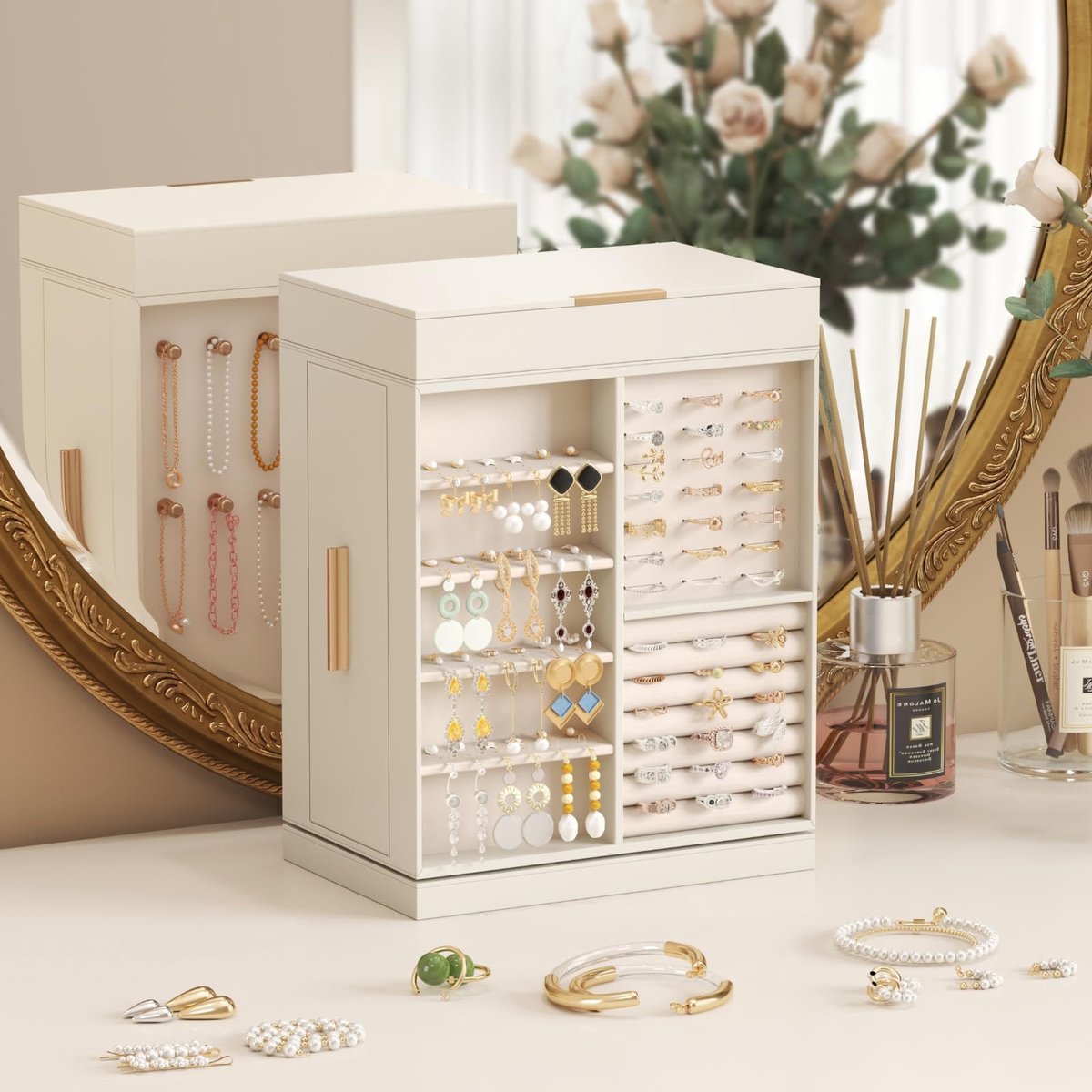 Dailygoods - Rotating Jewelry Box - Organiser voor Sieraden - Ruime Opbergruimte - Beige - Geschikt voor Ringen Neusringen Oorbellen Horloges - Perfec