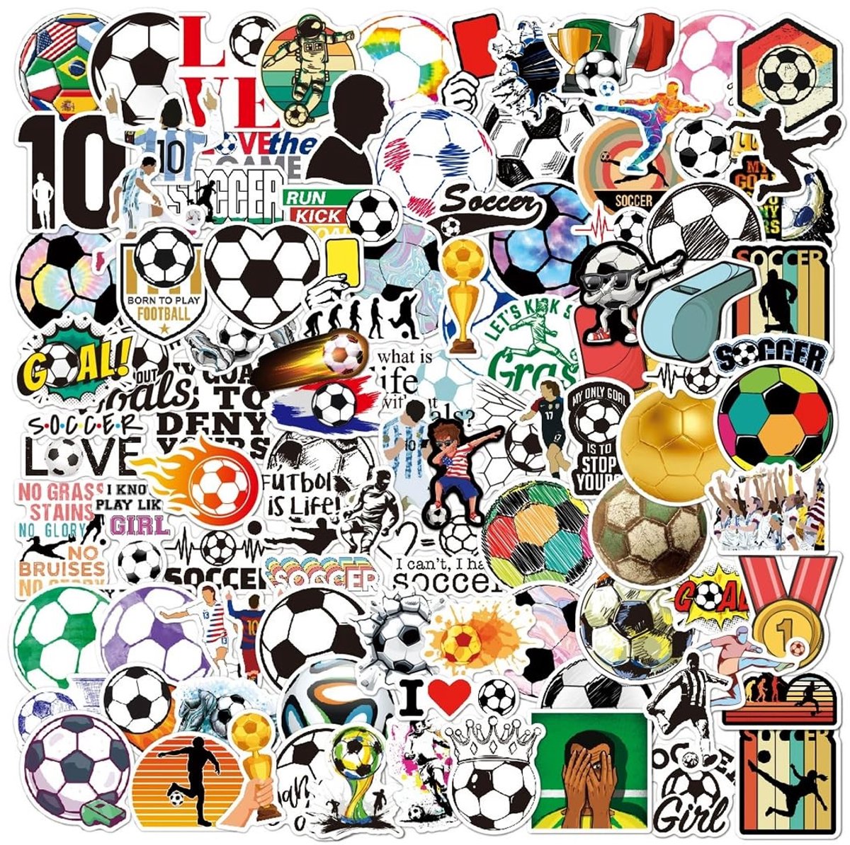 Dailygoods - Voetbalstickers - 100 Waterdichte Vinylstickers - Perfect voor Bagage en Auto - Ideaal voor Waterflessen - Hoge Kwaliteit en Duurzaam - L