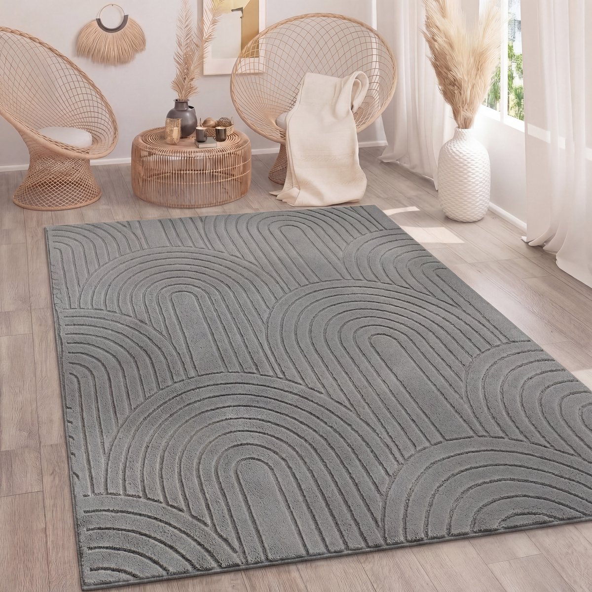 Paco Home Tapijt Woonkamer Slaapkamer Hoogpolig Zacht Afwasbaar Uni 3D Optiek Modern Grijs 200x280 cm