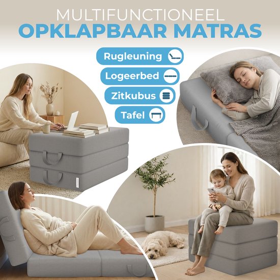 ELONEO Opvouwbaar Matras - 3-Delig Vouwmatras, Extra Dik 15 cm Schuim, Wasbaar en Draagbaar Logeermatras voor Volwassenen, Eenpersoonsbed (Grijs, 75 x 195 x 15 cm) van ELONEO — afbeelding 3