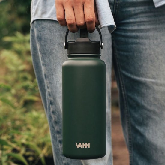 VANN® 3-Wandige RVS Drinkfles 650 ML met rietje voor volwassenen – Met 5 accessoires – Thermosfles – 24 uur koud/12 uur warm – Satin Noir – VANN Ultimate Bottle®