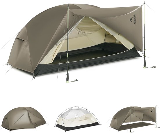 Naturehike Mongar PRO 2 – 2-persoons lichtgewicht tent – Incl. grondzeil – 20D 3000MM – 3-seizoenen koepeltent – Waterdichte trekkerstent & kampeertent – Karamelbruin