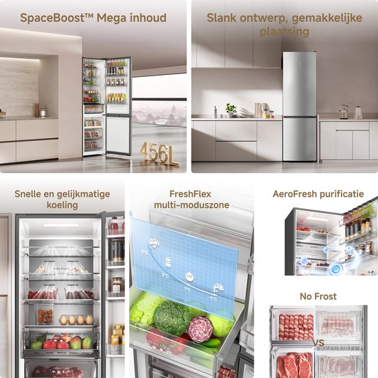 Collage van koelkastfuncties: open koelkast, slank ontwerp, groentelade met grafiek, koeling, en vleeslades.