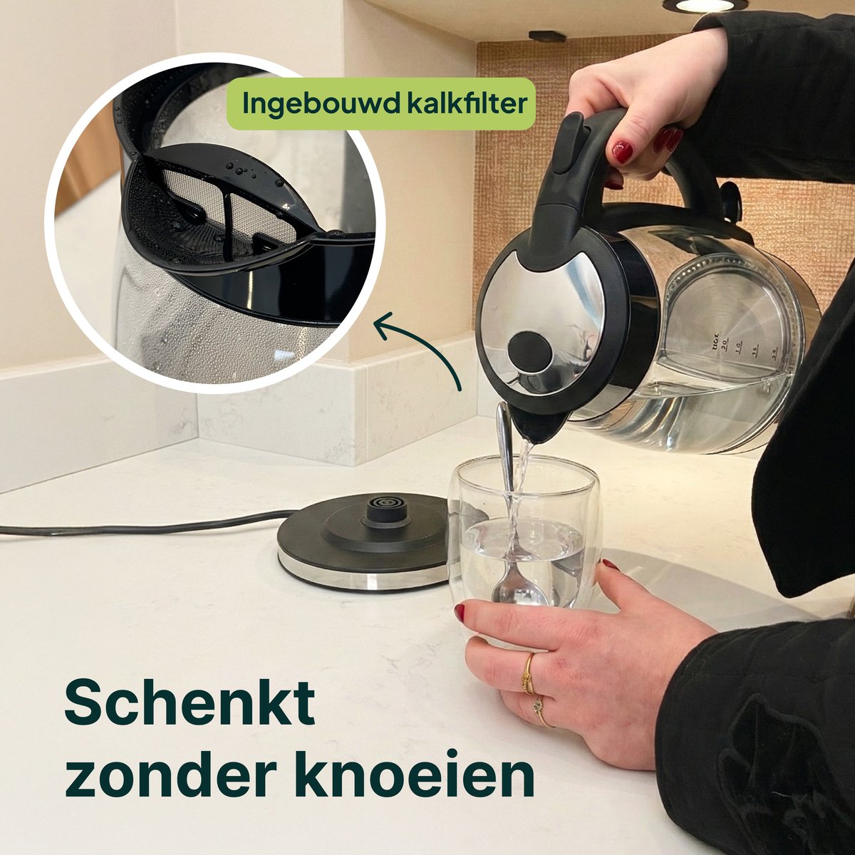 Vivid Green Glazen Waterkoker - 1.7L – 2200W - PFAS-vrij - Kalkfilter - Led Verlichting - Glas — afbeelding 5