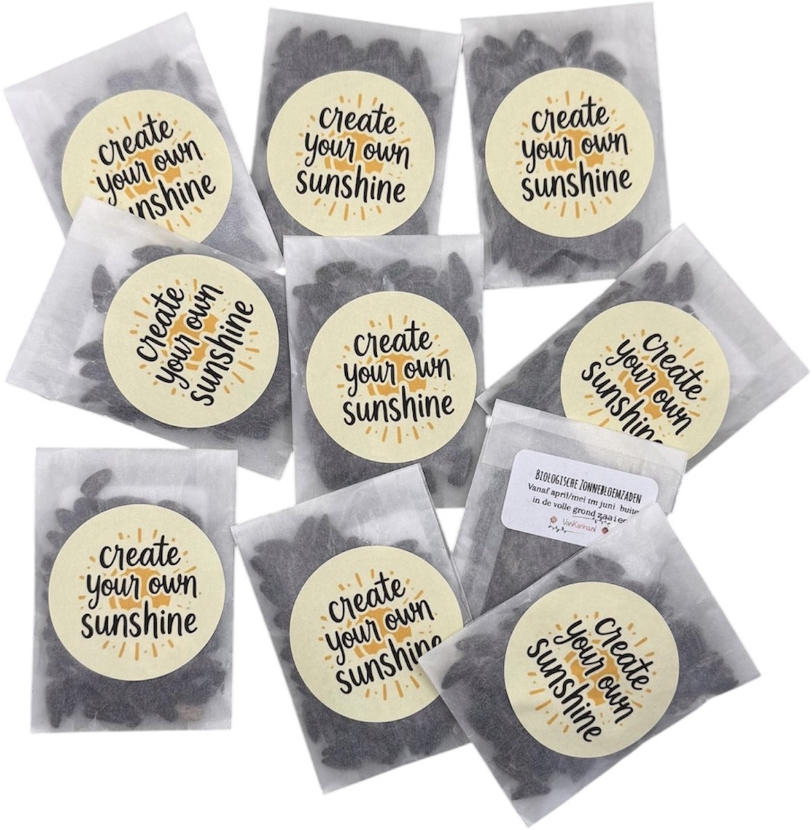 10 zakjes biologische Zonnebloemzaden,create your own sunshine,attentie,klein kadootje,uitdeelkadootjes,personeels attentie,green gift,bloemen,zaden,tuin,vrolijk klein,