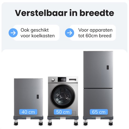 Zwarte verstelbare verhogers voor apparaten, te zien onder een koelkast van 40cm, wasmachine van 50cm en koelkast van 65cm.