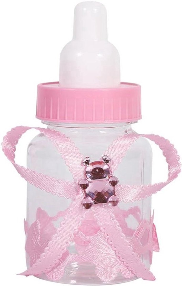 Set van 50 mini-kunststof snoepflessen voor kinderfeestjes (roze)