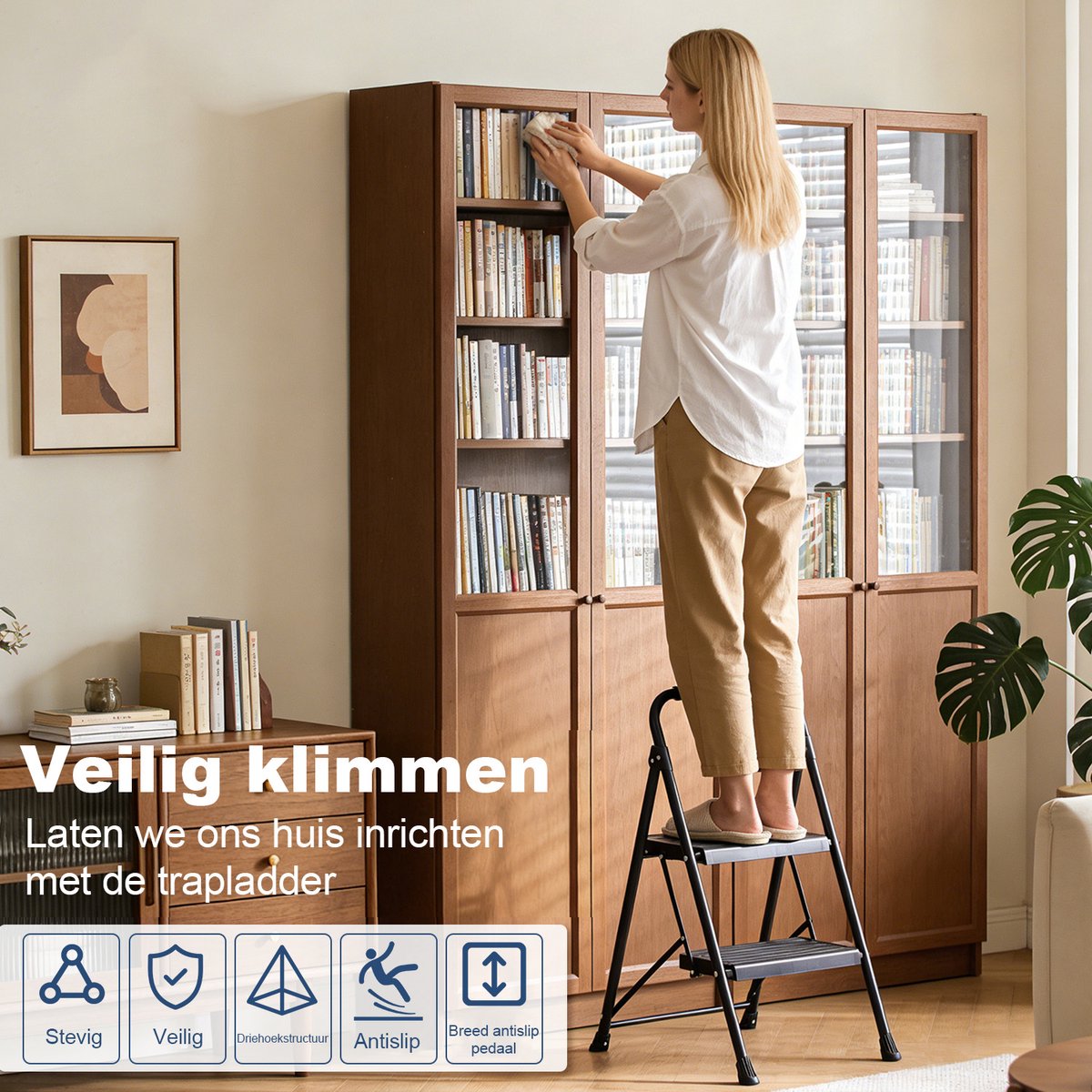 Opvouwbare Huishoudladder 2 Treden – Antislip Metalen Trapladder – Compact, Lichtgewicht en Stevig – foto 5