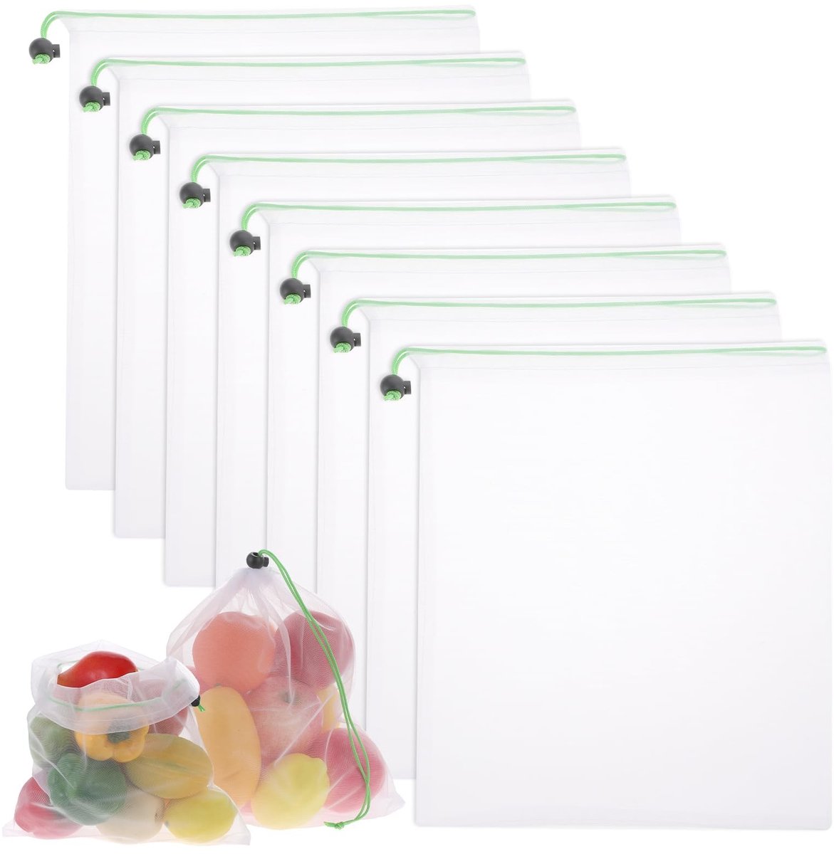Dailygoods - Herbruikbare groenteopbergzakken - Milieuvriendelijk - 8 stuks - Wasbare mesh zakken - Transparant touw - Geschikt voor groenten en fruit