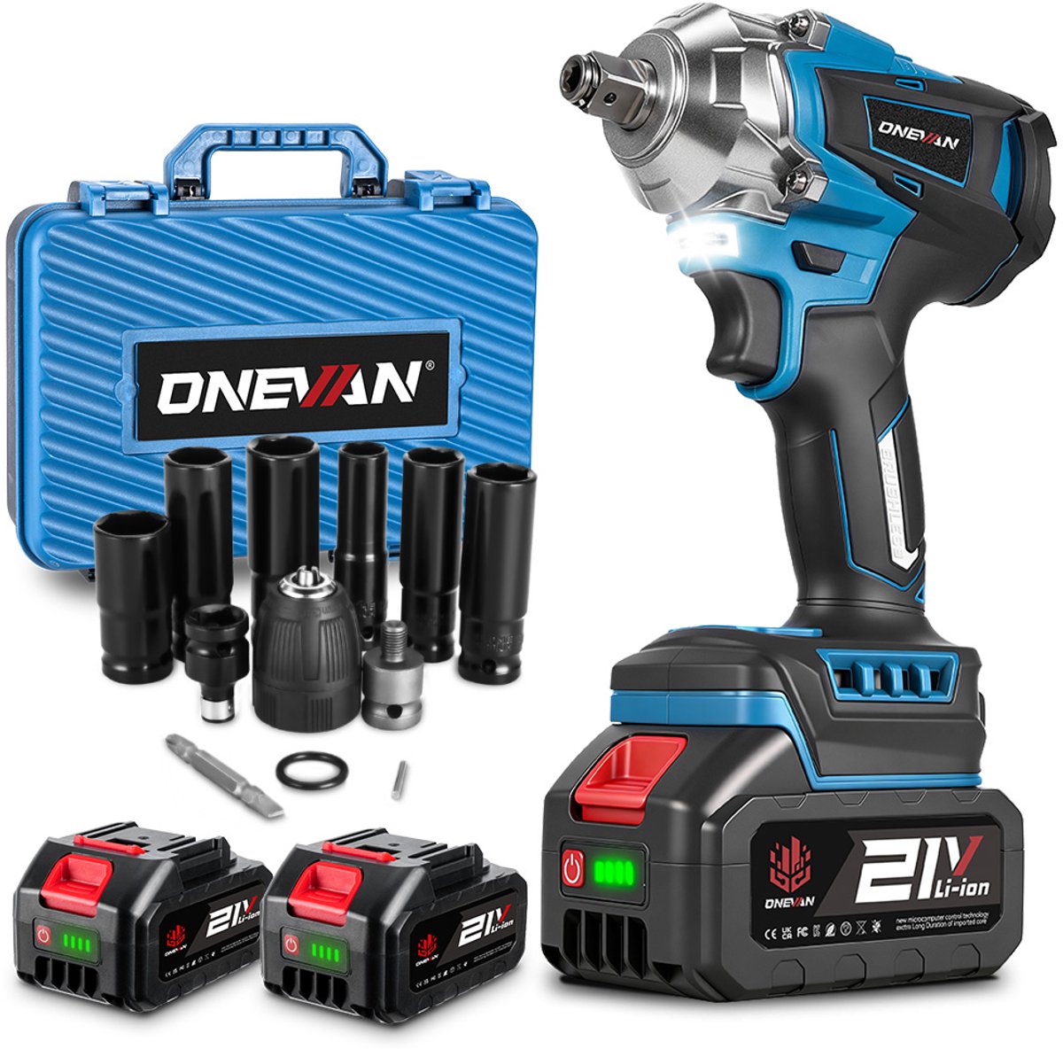 ONEVAN Borstelloze accu slagmoersleutel 1/2 inch 630Nm - 8 standen met auto-stop - Set met 2x 3.0Ah batterij en snellader