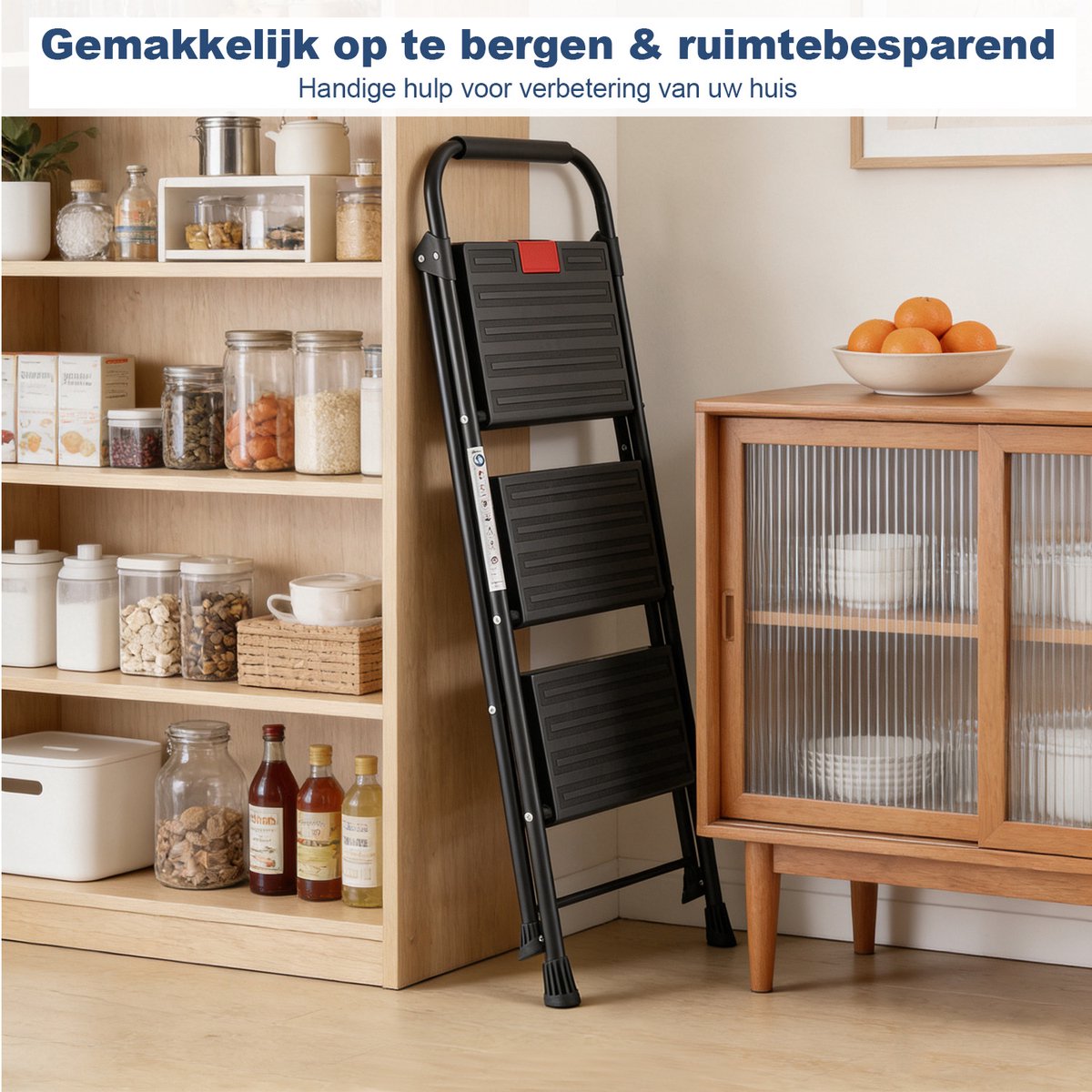 Opvouwbare Huishoudladder 3 Treden – Antislip Metalen Trapladder met Stevige Structuur – Compact en Draagbaar – foto 2