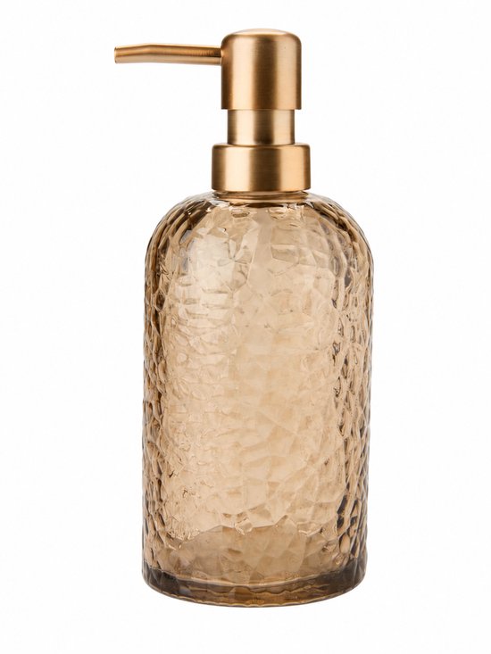 Supershopper - Luxe Glazen Zeepdispenser – Amberkleurig Gehamerd Glas – Gouden Pomp – 450ml – Navulbare Handzeep Dispenser voor Badkamer & Keuken