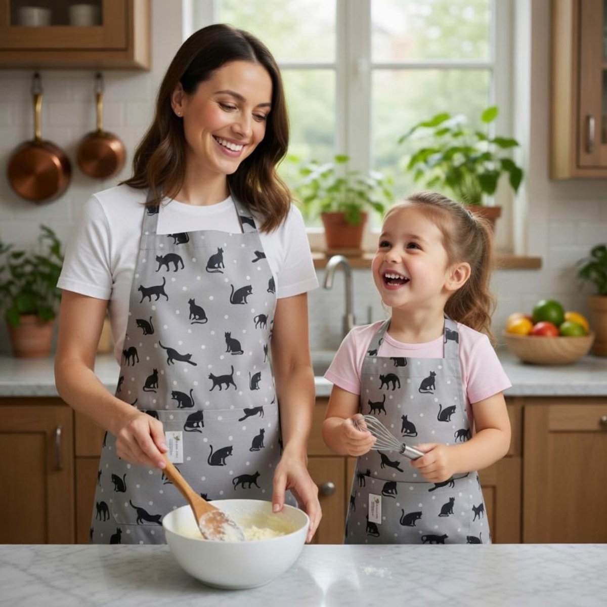 Schorten Set Moeder en Kind - Mini & Me Keukenschorten -Volwassen + Kinder Schort - Kat - Cat