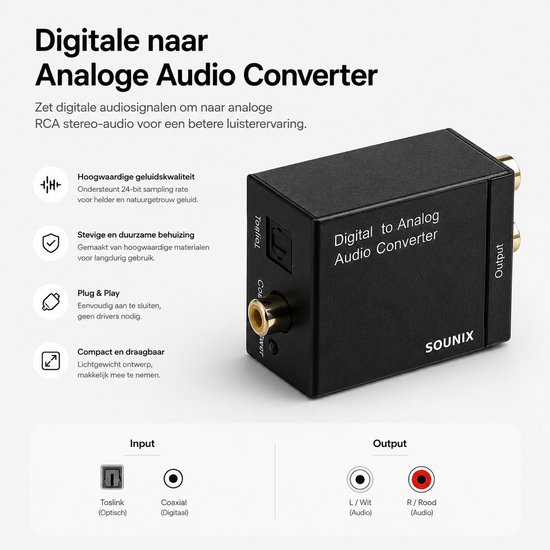 Sounix Digitaal naar Analoog audioconverter - 192 kHz Audio Adapter voor Toslink naar RCA R/L - met Optische Kabel en Voedings Kabel - zwart — afbeelding 3