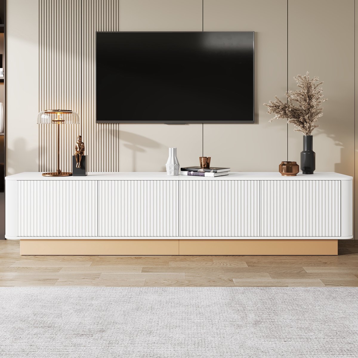 MODFU - TV-Meubel - Geribbelde Deuren En 4 Deuren - Modern - Voor De Woonkamer - MDF - Wit - 200 X 40 X 47,5 Cm