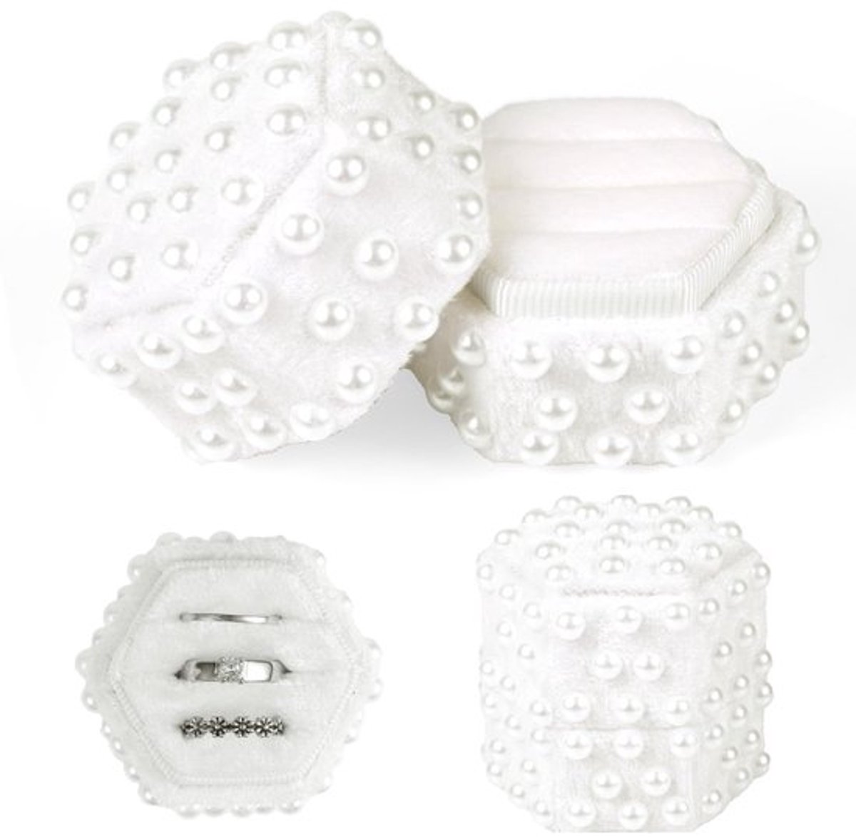 Parelfluwelen ringendoos met 3 compartimenten, zeshoekige trouwringhouder, elegante sieradendoos voor verloving, huwelijksaanzoek, bruidsfotografie en ceremonies (wit)