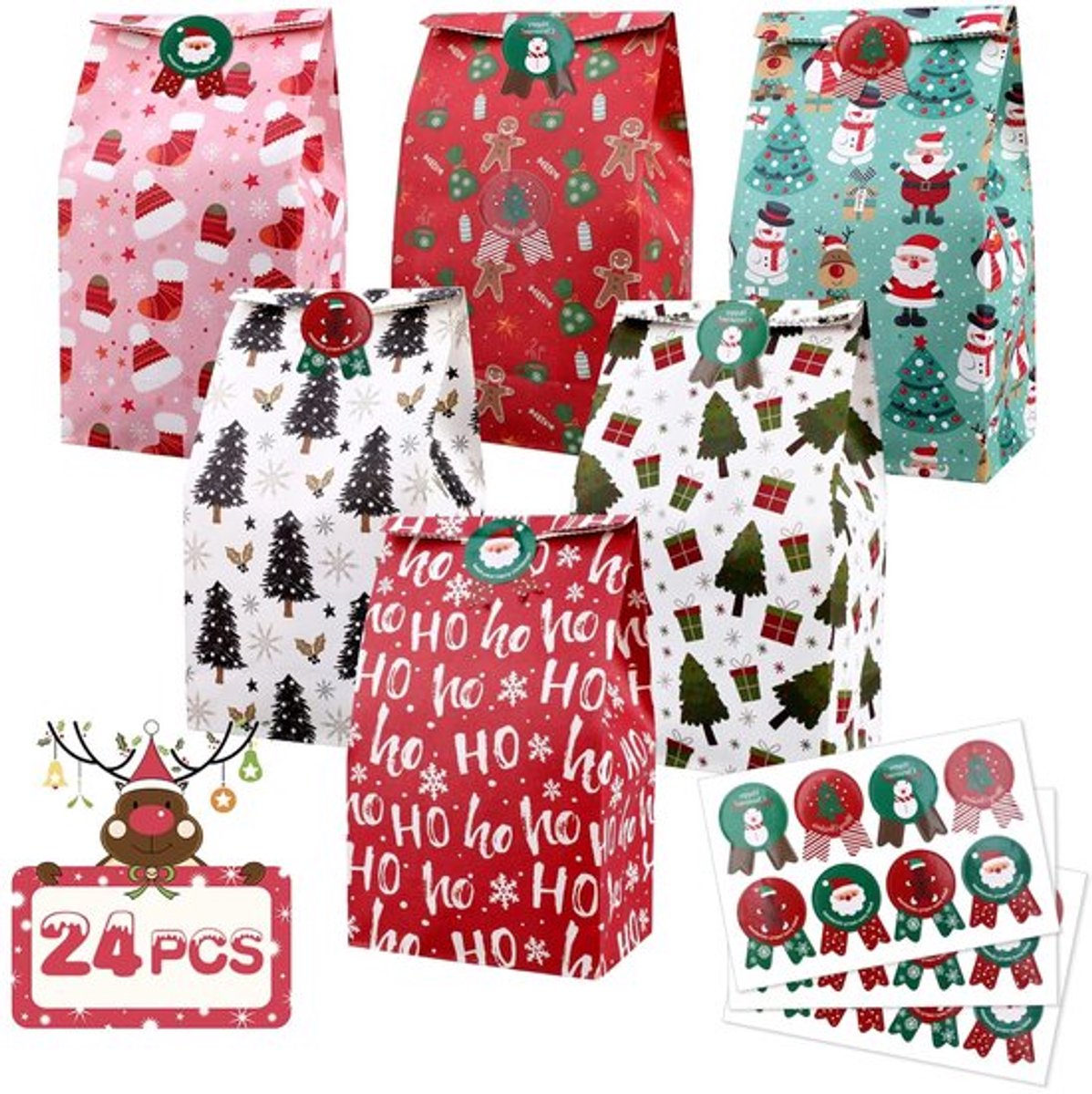 Verpakking van 24 Papieren Tassen Adventskalender voor Kerstfeest, Kerst Goodie Cadeautassen met Label Stickers voor Cadeauverpakking, Koekjes, 6 Ontwerpen, Medium