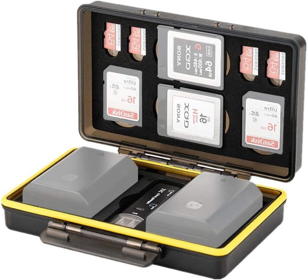 Georganiseerde Opslagdoos voor Geheugenkaarten en Batterijen - Beschermende Case voor SD, Micro SD, XQD en Canon, Sony, Nikon Accu's