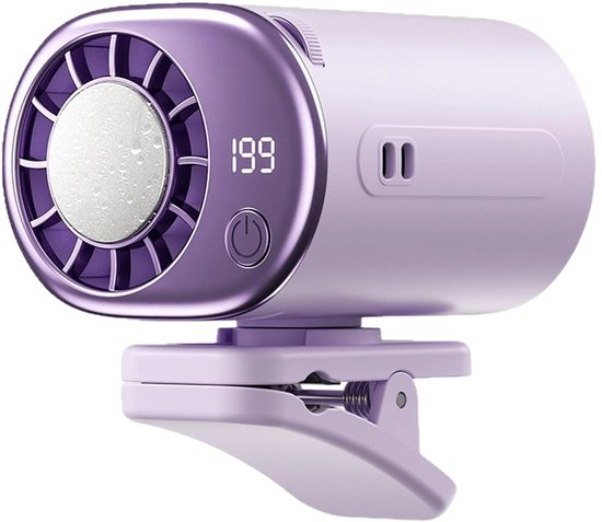 Mini klemventilator met LED-display, 199 snelheden, 360° draaibaar, USB, koelelement, voor auto en bureau