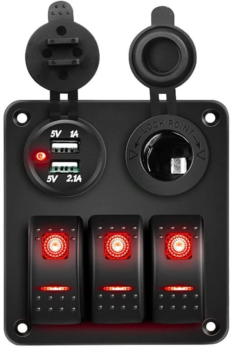 Vlemico - Marine Dual USB Schakelpaneel - 12V-24V Schakelpaneel - 3-Gangs Rocker Switch - Geschikt voor Boot - LED Indicator - Duurzaam en Betrouwb...