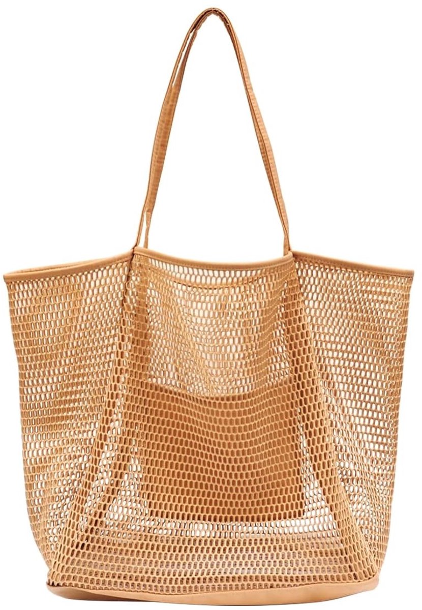 Smoakez - Grote mesh strandtas - Herbruikbare schoudertas - Bruin - Zomer tas voor dames - Perfect voor strand en uitjes