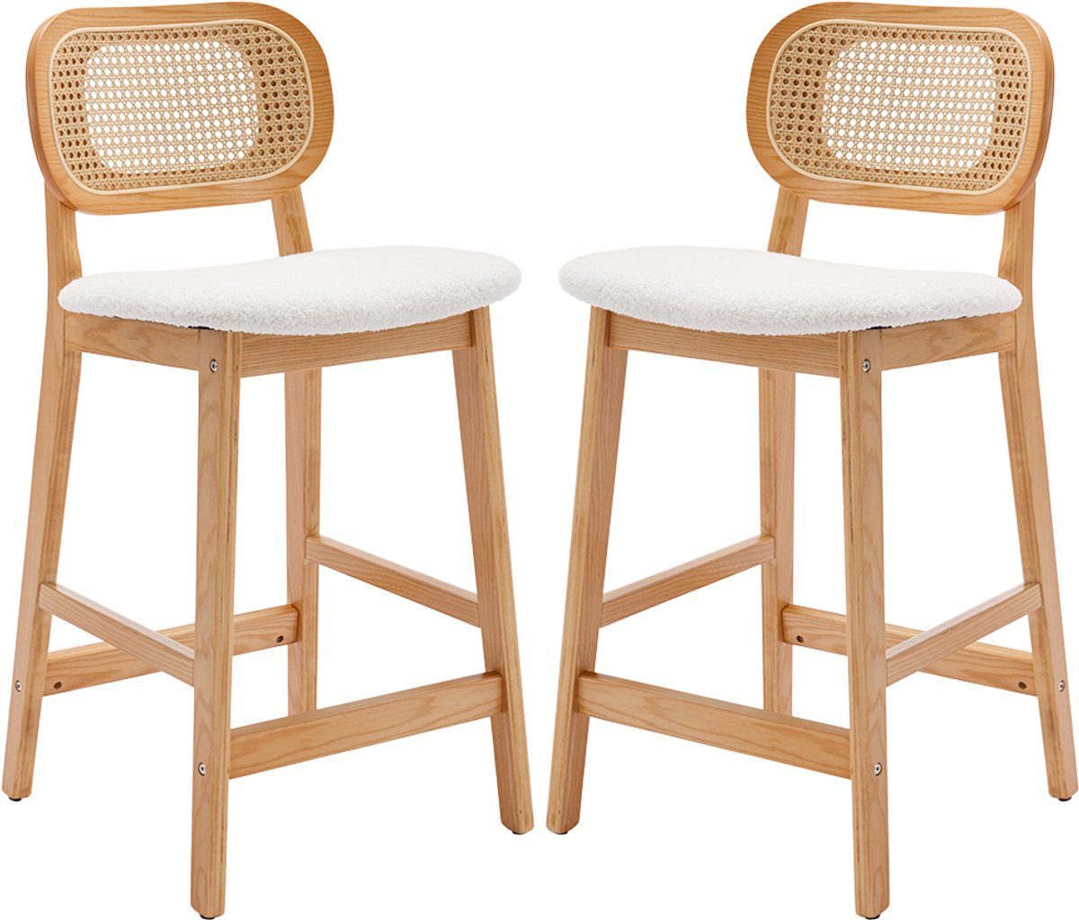chairus Barkruk Set van 2 Barstoelen - Beige - Nepbont - Met Houten Poten en Voetsteun - Gewatteerde zitting - Ratten Rugleuning - Niet Draaibaar - Vaste Hoogte - Armloze Stoelen - Voor Keuken en Bar