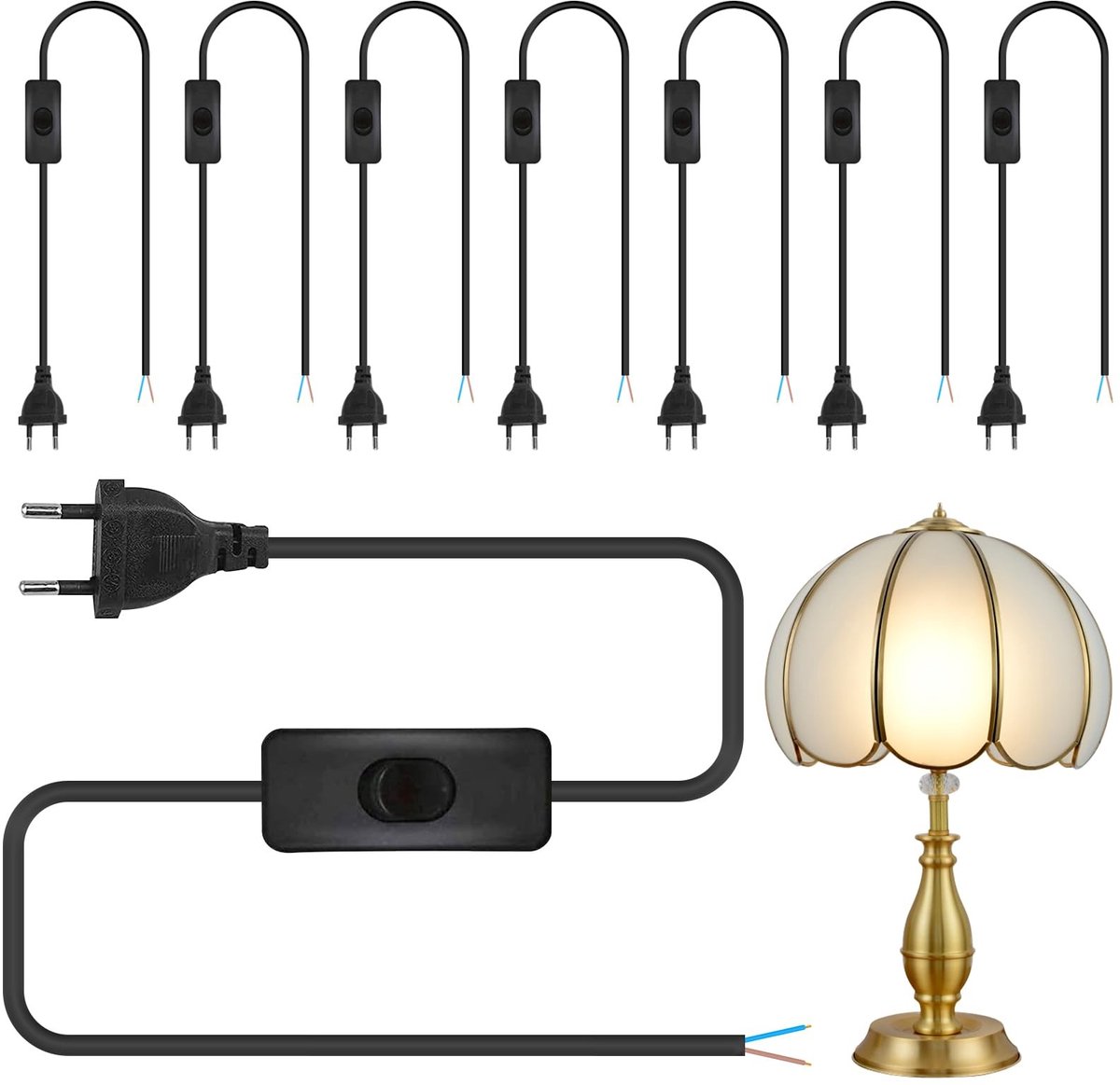 Pack van 8 zwarte voedingskabels met schakelaar, 1,8 m, Euro plug, voor lampen en verlichting
