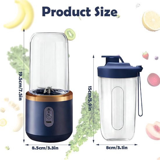 Draagbare blender - 400 ml - met reservebeker - USB oplaadbaar - kleine draagbare blender - 6 modellen beschikbaar - mini blender - geschikt voor het maken van smoothies, sappen en sorbets (blauw). van Andyou — afbeelding 2