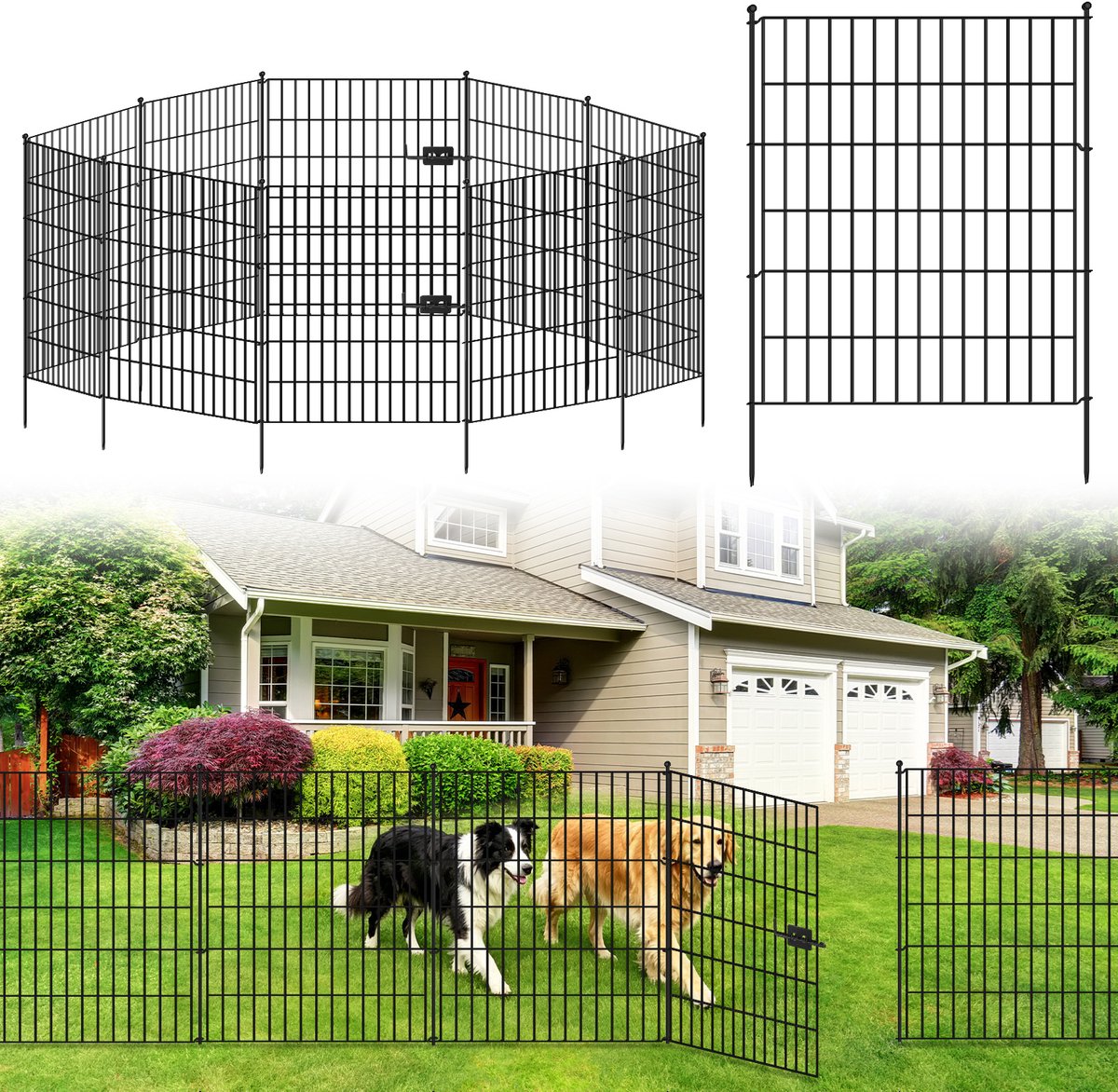 Lemlit Tuinhek met Poort 5 delig - Metalen Insteekhek met 4 Panelen en Hekpoort - Vijverhek en Dierenhek voor Hond Tuin Gazon en Border - 71 x 81 cm Breed - Zwart