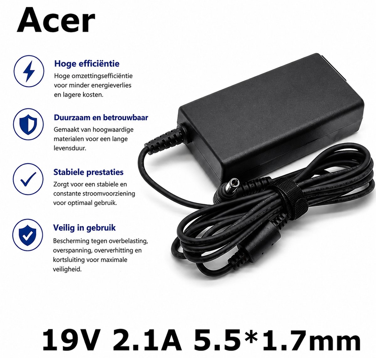EISENZ Acer Laptop Adapter 19V 2.1A – Plug 5.5x1.7mm – Snelladen – Hoge Compatibiliteit - EZ1132