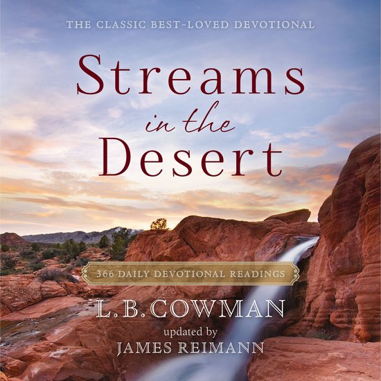 Boekomslag met de titel 'Streams in the Desert'. Een waterval stroomt over rode rotsen onder een dramatische zonsondergang.