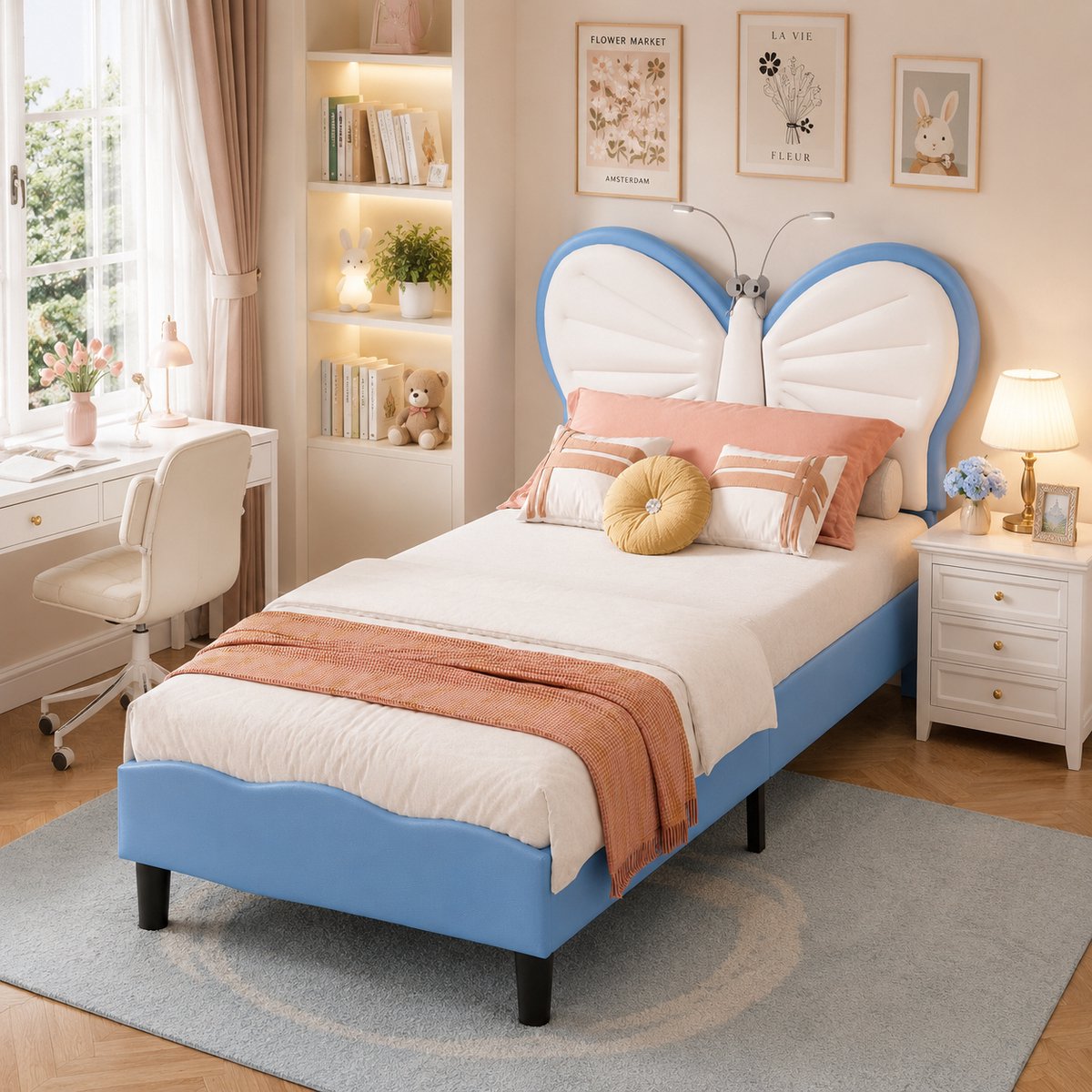 Kinderbed 90x200 cm, gestoffeerd bed met vlinderhoofdeinde, eenpersoonsbed met leeslampje,