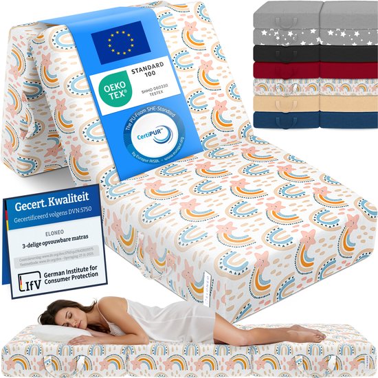 ELONEO Opvouwbaar Matras - 3-Delig Vouwmatras, Extra Dik 15 cm Schuim, Wasbaar en Draagbaar Logeermatras voor Volwassenen, Eenpersoonsbed (Regenboog, 90 x 200 x 15 cm)