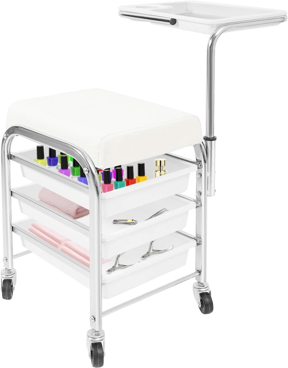 Manicurewagen Trolley - Spa Wagen - Gereedschap Opbergen - Verstelbaar Dienblad - 3 Lades - Wit