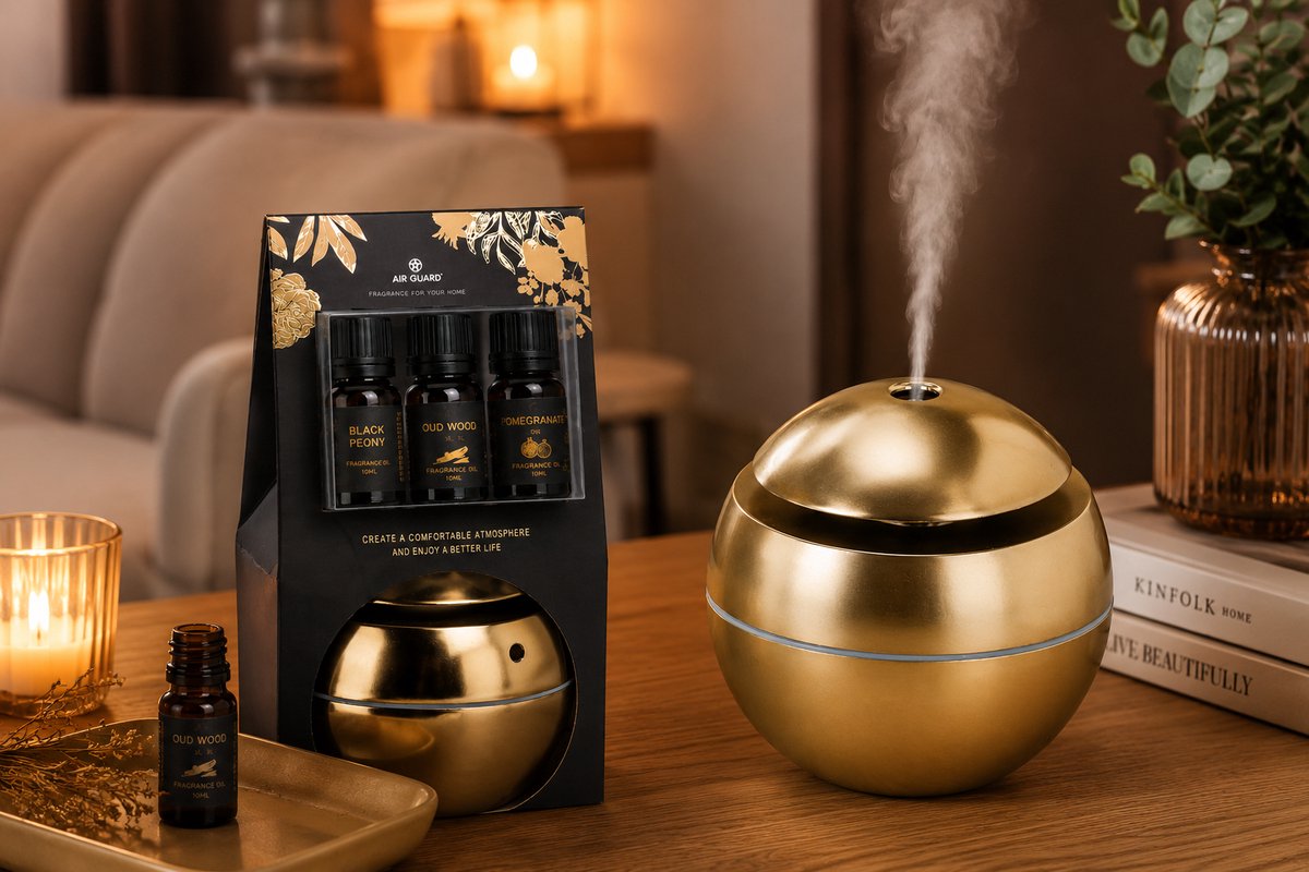Aroma Diffuser Set Goud – USB Luchtbevochtiger 130 ml met LED Verlichting – Inclusief 3 Geuroliën 10 ml – Zwarte Pioenroos, Granaatappel & Oudhout — cadeau in Wonen & Interieur - foto 2