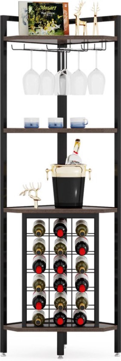 CORE Hoekwijnrek - Wijnkast - Wijnopslag - Accessoireskast - 4 lagen en 18 flessen - Glazenhouder en flessenhouder - Industrieel design - 40x40x160cm - Rustiek bruin