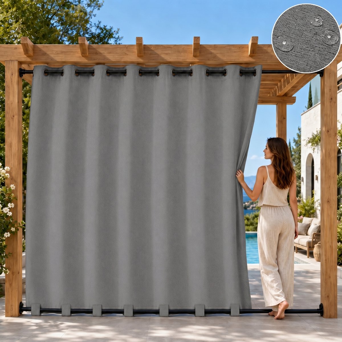 Qelus 2 Stuk Linnenlook Lichtgewicht Buitengordijn voor Pergola en Balkon - 254x214 cm - Weerbestendig Outdoorgordijn met Lusbodem - Zonwerend en Verduisterend - Faux Linnen Terrasgordijn - Grijs