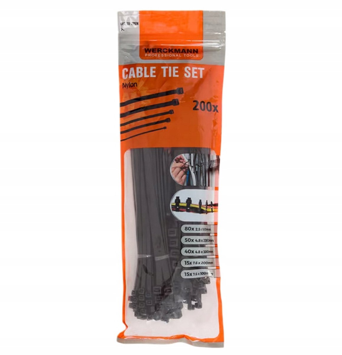 WERCKMANN Cable Tie Set - Zip tie - Tiewrap - Kabelbinders - zwart - 200 stuks - mix