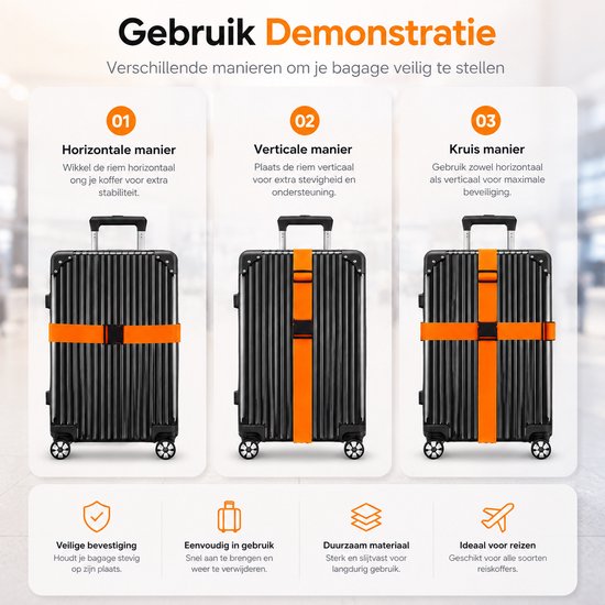 Demonstratie van drie manieren om een zwarte koffer met oranje banden vast te zetten: horizontaal, verticaal en kruislings.