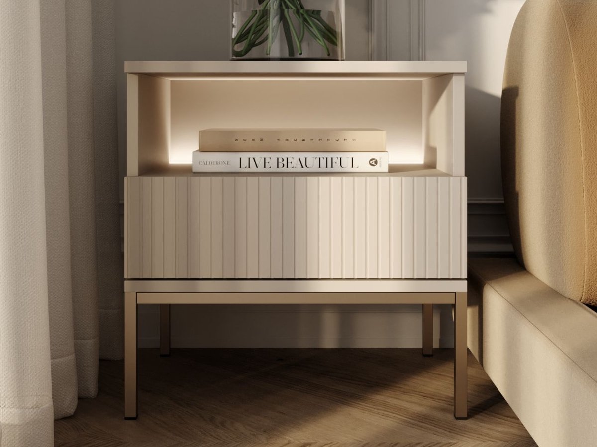 GrainGold – Nachtkastje Deo – Beige - Met Lade en Ledverlichting
