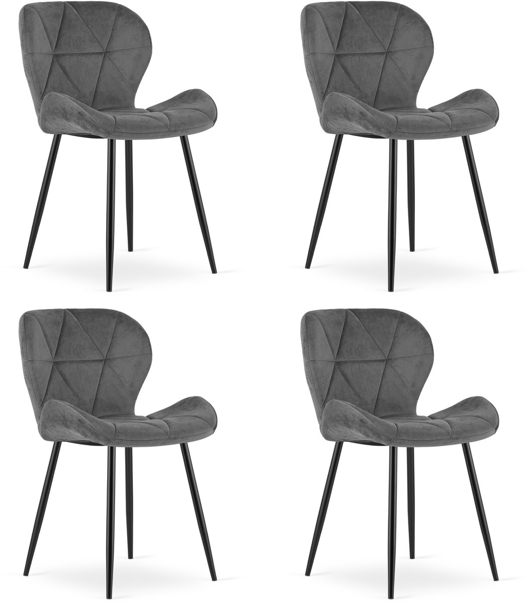 LEOBERT sp. z o.o. sp.k. Set van 4 eetkamerstoelen MANGO - Donkergrijs fluweel - Zwarte poten - Modern design Grijs/Zwart