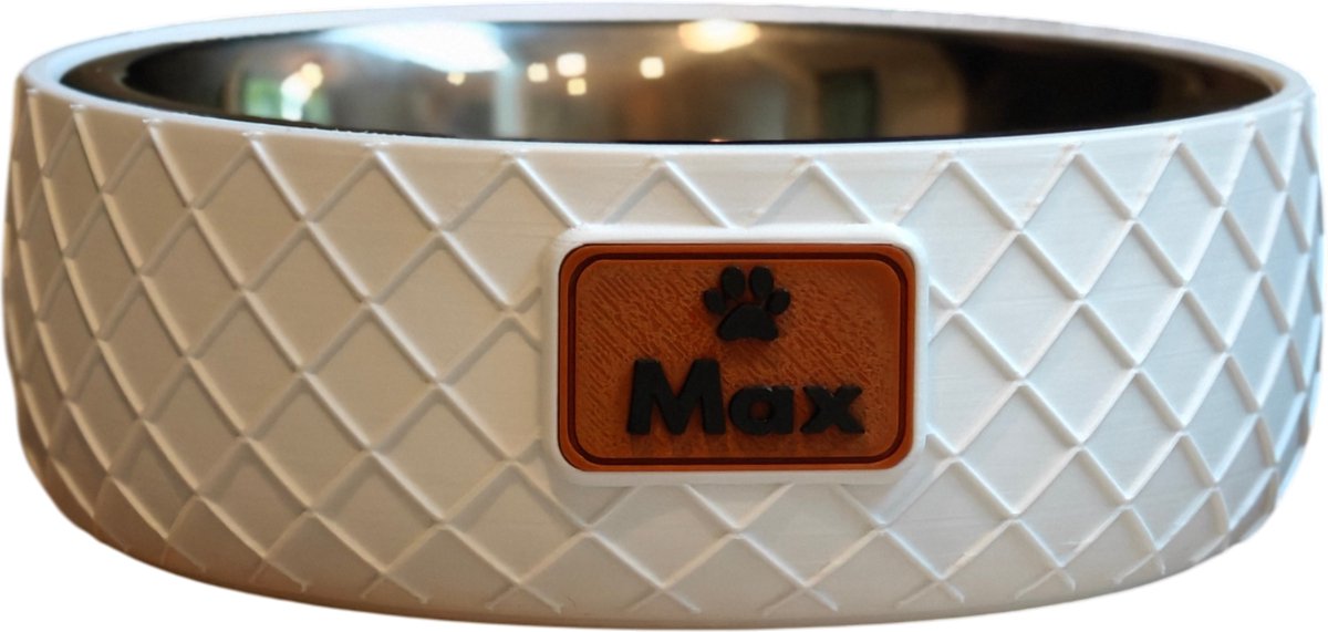 Gepersonaliseerde voerbak met naam – luxe design voerbak voor hond & kat – antislip – RVS binnenbak – wit