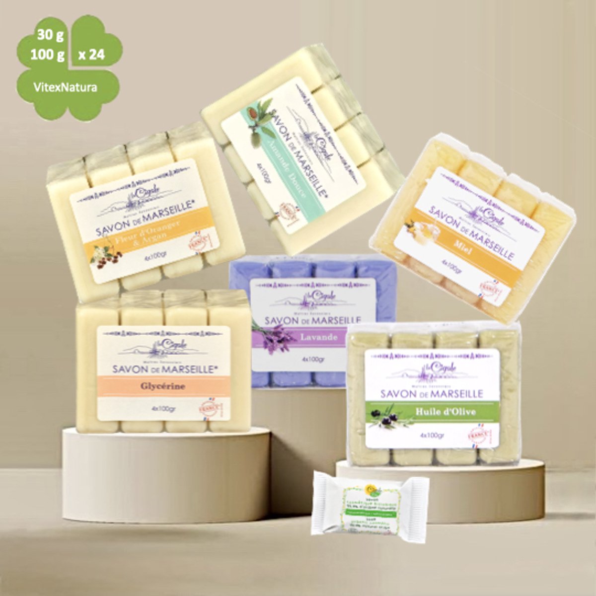 La Cigale Marseille Zeep Bundel 6×4×100g | Lavendel, Olijf, Honing, Orange-Argan, Amandel, Glycerine & GRATIS zeepje | Biologisch & Hypoallergeen
