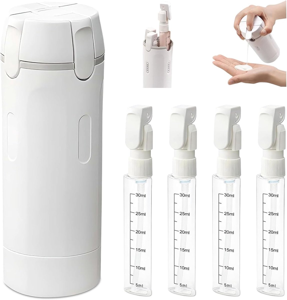 carmdering - Doseerflessen - 4-in-1 reisdispenser - met dispenser - reisflesjes - 4 X 30ml - Navulbare Reisdispenser - Draagbaar - Lekvrij - Met maatverdeling en etiketten - Geschikt voor shampoo en lotion - Wit