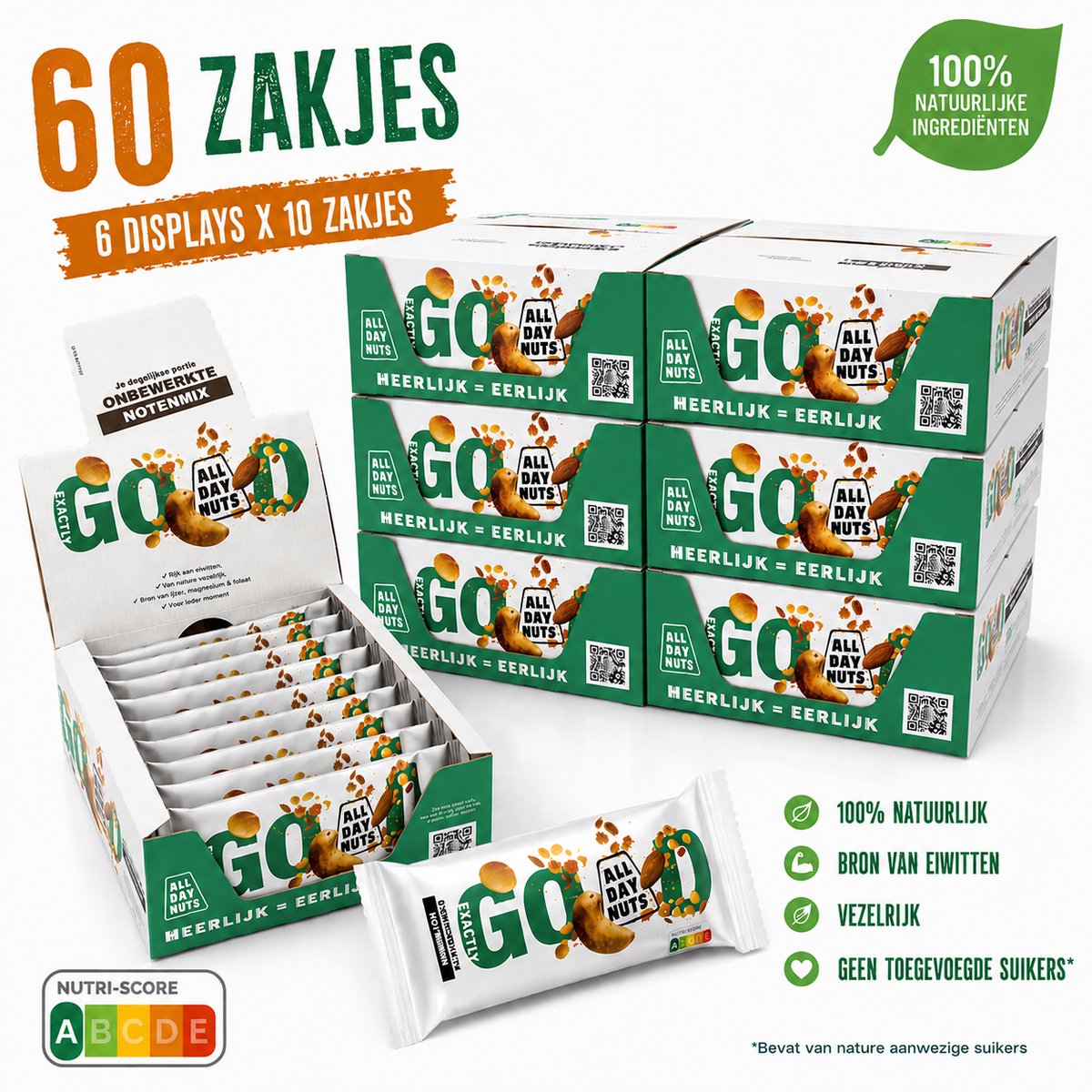 All Day Nuts – 6 Displays x 10 Noten Snack Zakjes 25g (60 zakjes totaal) – Cashewnotenmix – Perfecte Dagelijkse Portie (Exactly Good) – Gezonde Snack voor Werk, School & Sport (EG 25 10 (display) 6x)