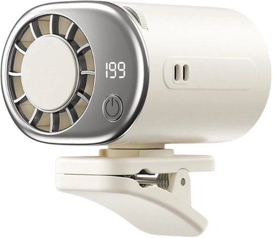 Mini klemventilator wit met LED-display, 199 snelheden, 360° draaibaar, USB, koelventilator voor auto en bureau