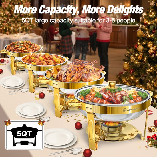 WARMOUNTS 4-delige Luxe Goudkleurige Ronde RVS Chafing Dish Set 4,7L – Buffetverwarmer voor Thuis, Party, Kerst, Feestdagen en Bruiloften — afbeelding 4