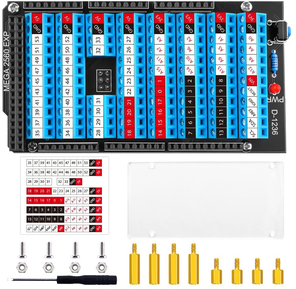 Elzusha - Terminal Block Breakout Board - Inclusief resetknop - Geschikt voor Arduino Mega 2560 R3 - 8 schroeven - 4 koperen...