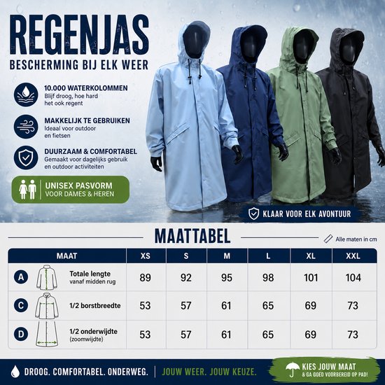 Unisex regenjas in lichtblauw, donkerblauw, groen en zwart. Met capuchon en opgestikte zakken.